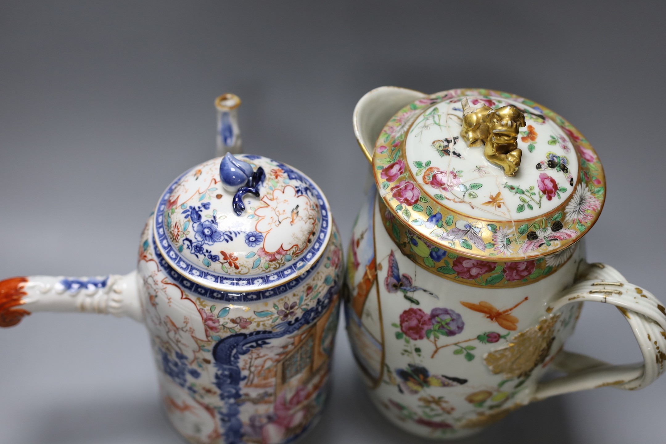 An 18th century Chinese export chocolate pot and cover, together with a Cantonese lidded jug, 26cm tall